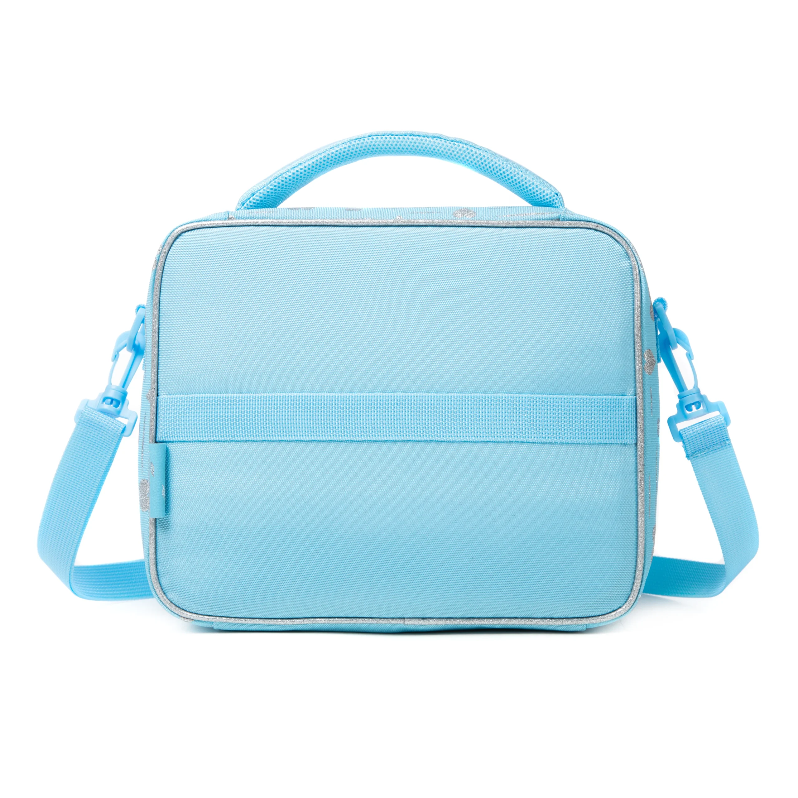 Back view of a pastel sky blue lunch bag with silver glitter hearts and a horizontal strap detail. Custom princess-style insulated lunch bag by a professional Backpack Manufacturer.