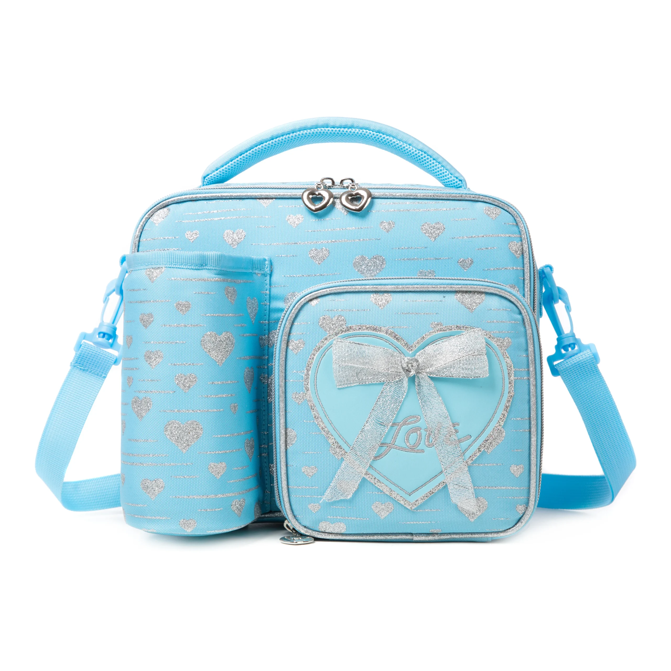 Front view of a sky blue lunch bag with silver glitter hearts, a 3D bow patch, heart zippers, and an attached bottle holder. Versatile insulated lunch box by a Custom Backpack Manufacturer.
