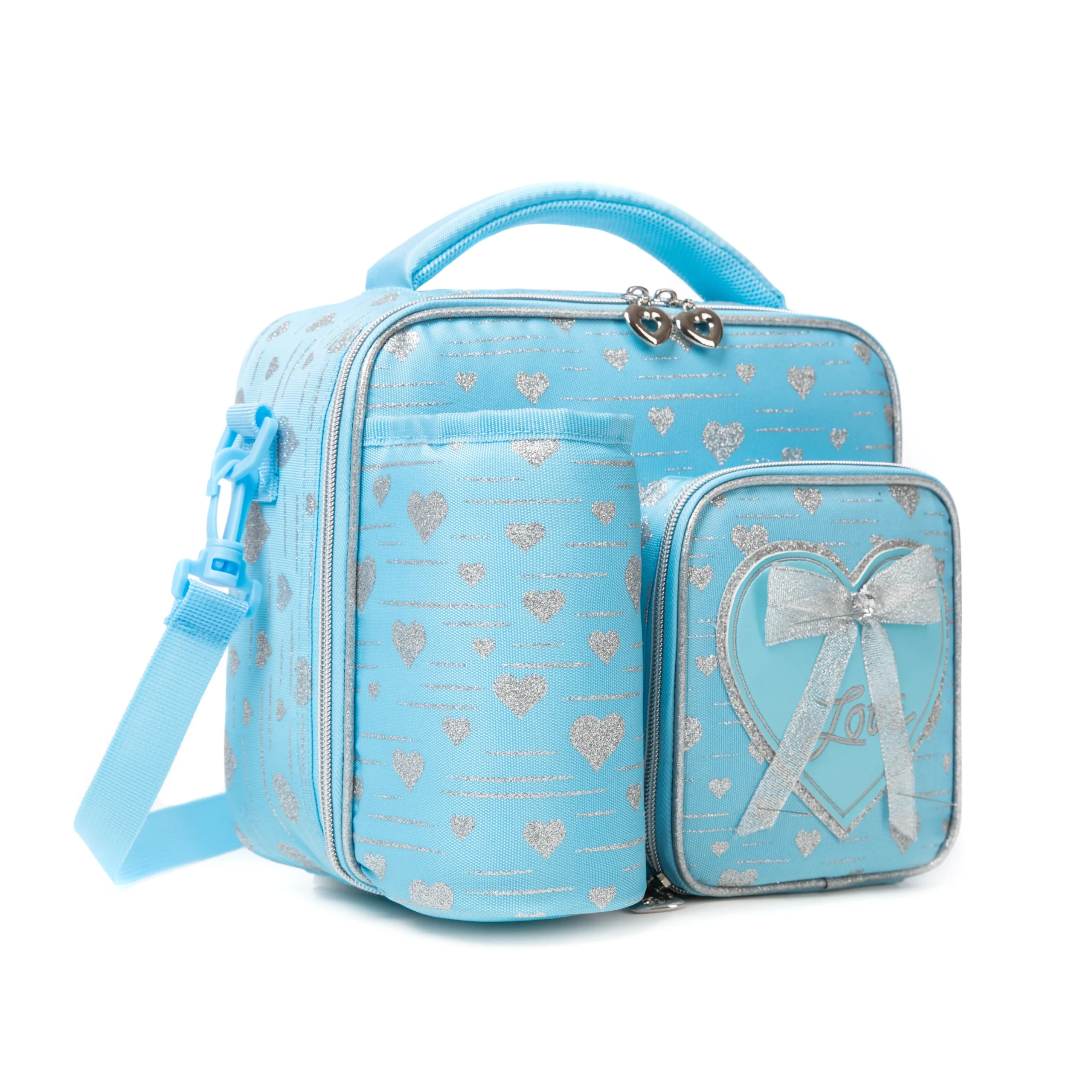 3D angled view of a sky blue glitter heart lunch bag highlighting the attached bottle sleeve, silver zippers, and the side strap attachment. Versatile daily cooler by a leading Backpack Supplier.