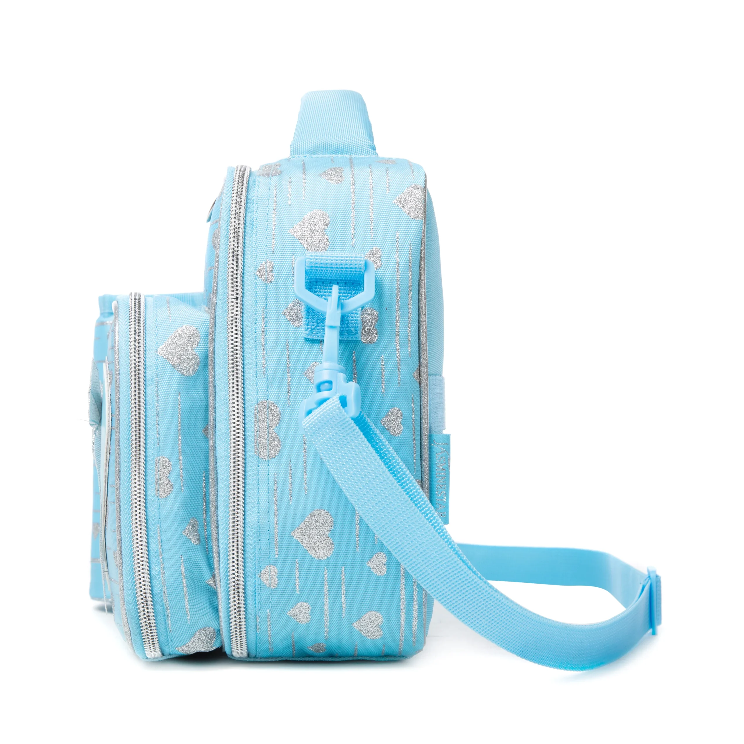 Side view of a sky blue glitter heart lunch bag showing the depth of the attached bottle holder and adjustable strap attachment. Functional luxury cooler by a Backpack Manufacturer.
