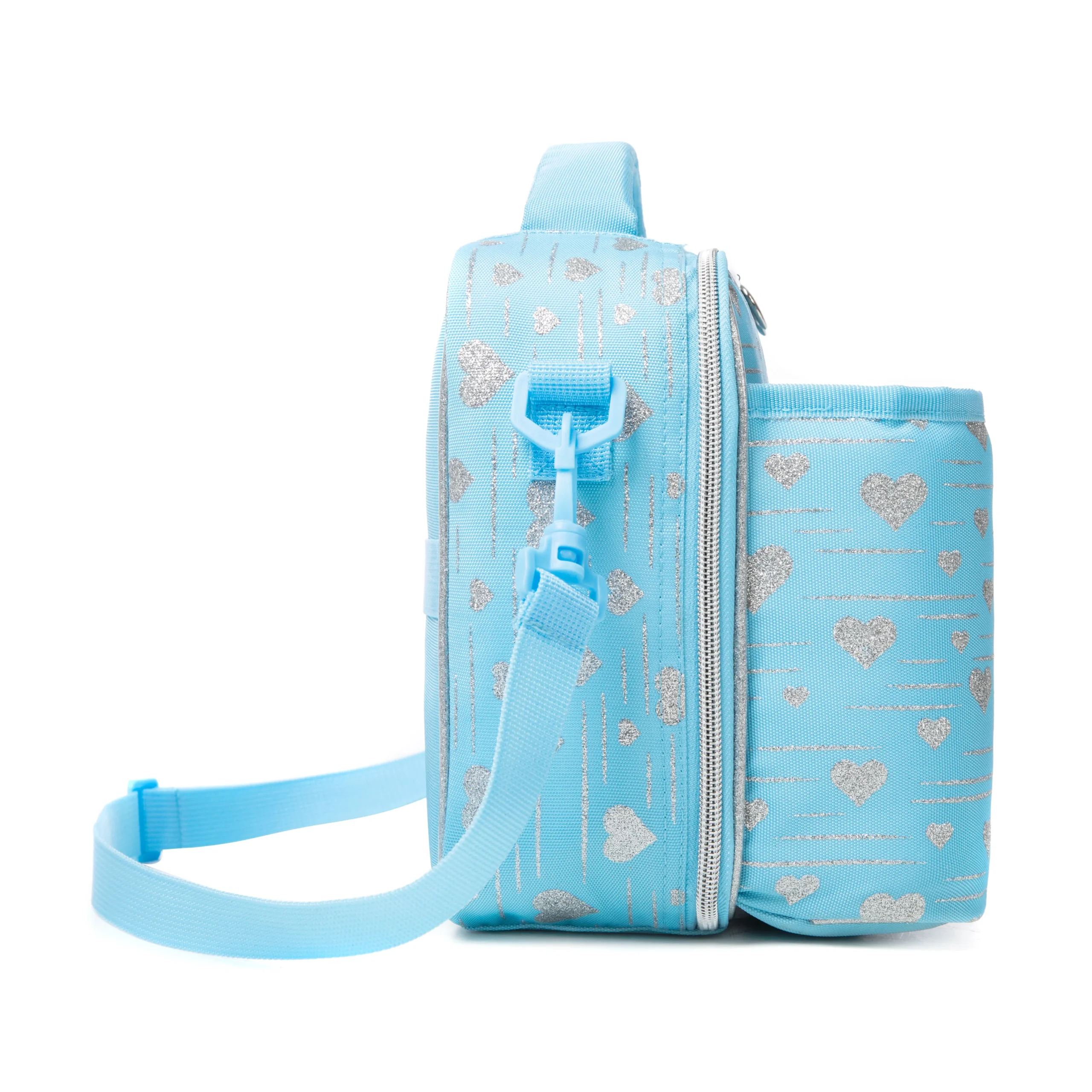 Side profile of a pastel sky blue glitter heart lunch bag showing its depth, adjustable shoulder strap, and continuous silver print. High-density fabric bag by a Backpack OEM Supplier.