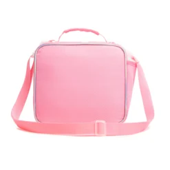 Back view of a pastel pink polka dot lunch bag with a matching pink adjustable shoulder strap and iridescent piping. Custom kids' insulated lunch bag by a professional Backpack Manufacturer.