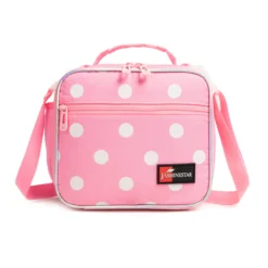 Front view of a pastel pink polka dot lunch bag with a large front pocket, dual zipper pulls, and iridescent piping. Versatile insulated lunch box by a Custom Backpack Manufacturer.