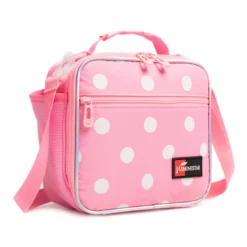 3D angled view of a pastel pink polka dot lunch bag showing the iridescent piping, pink structural trim, and side mesh pocket. Versatile daily cooler by a leading Backpack Supplier.