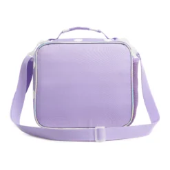 Back view of a pastel lavender polka dot lunch bag with a matching purple adjustable shoulder strap and iridescent piping. Custom kids' insulated lunch bag by a professional Backpack Manufacturer.