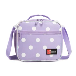 Front view of a pastel lavender polka dot lunch bag with a large front pocket, dual purple zipper pulls, and iridescent piping. Versatile insulated lunch box by a Custom Backpack Manufacturer.