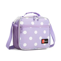 3D angled view of a pastel lavender polka dot lunch bag showing the iridescent piping, purple structural trim, and side mesh pocket. Versatile daily cooler by a leading Backpack Supplier.