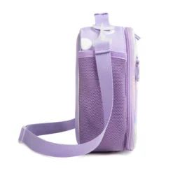 Side view of a pastel lavender polka dot lunch bag showing a large purple mesh water bottle pocket, a translucent white strap swivel clip, and iridescent piping. Functional daily cooler by a Backpack Manufacturer.