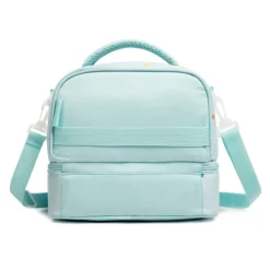 Back view of a mint green daisy-themed double-decker lunch bag with a solid mint back, a webbing strap, and an adjustable mint shoulder strap. Custom insulated lunch bag by a professional Backpack Manufacturer.