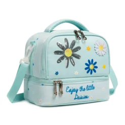 Slanted view of a mint green daisy lunch bag featuring a front panel with sequin-embroidered daisies, felt appliqués, and star-shaped zipper pulls. Fresh luxury cooler by a Backpack Supplier.