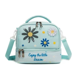 Front view of a mint green daisy double-layer lunch bag featuring sequin and appliqué daisies on the top, and embroidered text on the bottom. Versatile insulated lunch box by a Custom Backpack Manufacturer.