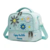 3D angled view of a mint green daisy double-decker lunch bag highlighting the sequin flowers, zippers, and side webbing strap attachment. Versatile daily cooler by a leading Backpack Supplier.