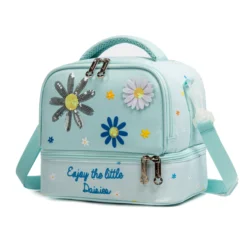 3D angled view of a mint green daisy double-decker lunch bag highlighting the sequin flowers, zippers, and side webbing strap attachment. Versatile daily cooler by a leading Backpack Supplier.