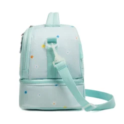Side view of a mint green daisy lunch bag showing the deep bottom compartment, white strap swivel clip, and delicate star pattern. Functional luxury cooler by a Backpack Manufacturer.