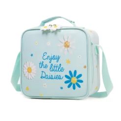 Front view of a matching mint green daisy lunch bag featuring embroidered text and 3D daisy patches. Matching insulated lunch box by a Backpack Supplier.