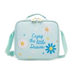 Front view of a mint green insulated lunch bag with daisy embroidery, floral zipper pulls, and a top handle. Versatile lunch box by a Custom Backpack Manufacturer.