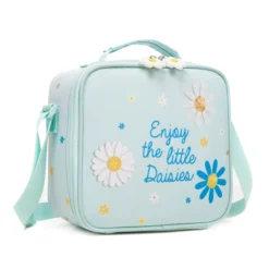 Slanted view of a mint green daisy lunch bag showing the side zipper, adjustable shoulder strap, and floral zipper pulls. Versatile kids' cooler by a leading Backpack Supplier.
