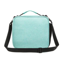 Back view of a mint heather textured lunch bag with a black adjustable shoulder strap. Custom insulated lunch bag by a professional Backpack Manufacturer.