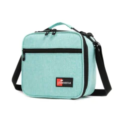 Slanted view of a mint green textured lunch bag with a front zipper pocket and a red logo patch. Functional commuter cooler by a Backpack Supplier.