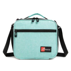 Front view of a mint heather lunch bag with a large front pocket and dual zipper pulls. Versatile insulated lunch box by a Custom Backpack Manufacturer.