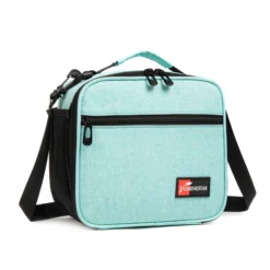 3D angled view of a mint green textured lunch bag showing the black piping and front pocket. Versatile daily cooler by a leading Backpack Supplier.