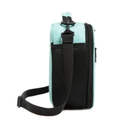Side view of a mint green lunch bag showing a large black mesh water bottle pocket and a sturdy strap swivel clip. Functional daily cooler by a Backpack Manufacturer.