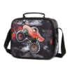 Front view of a black camo lunch bag with a large red monster truck graphic. Custom boys' lunch bag by a professional Backpack Manufacturer.