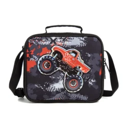 Angled view of a black camo lunch bag showing the shoulder strap and black piping. Functional school lunch box by a Backpack Supplier.