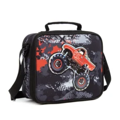 Slanted view of a monster truck lunch bag showing its 3D graphic and zipper. Kids' lunch cooler by a Custom Backpack Manufacturer.