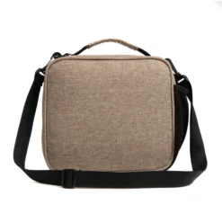 Back view of an oatmeal heather textured lunch bag with a black adjustable shoulder strap. Custom insulated lunch bag by a professional Backpack Manufacturer.