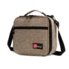 Slanted view of an oatmeal textured lunch bag with a front zipper pocket and a red logo patch. Functional commuter cooler by a Backpack Supplier.