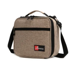 Slanted view of an oatmeal textured lunch bag with a front zipper pocket and a red logo patch. Functional commuter cooler by a Backpack Supplier.