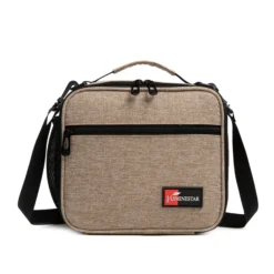 Front view of an oatmeal heather lunch bag with a large front pocket and dual zipper pulls. Versatile insulated lunch box by a Custom Backpack Manufacturer.