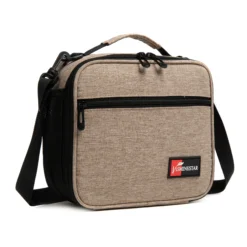 3D angled view of an oatmeal textured lunch bag showing the black piping and front pocket. Versatile daily cooler by a leading Backpack Supplier.