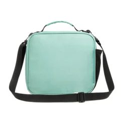 Back view of a mint green textured lunch bag with a black adjustable shoulder strap. Custom insulated lunch bag by a professional Backpack Manufacturer.