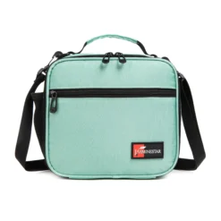 Front view of a mint green lunch bag with a large front pocket and dual zipper pulls. Versatile insulated lunch box by a Custom Backpack Manufacturer.