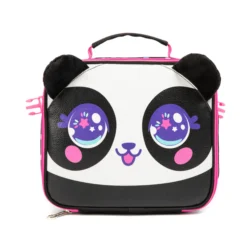 Front view of a matching cute panda lunch bag featuring 3D plush ears and a large sparkling anime-style face. Matching insulated lunch box by a Backpack Supplier.