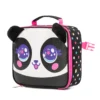 Slanted view of a matching panda lunch bag showing the pink zipper, side buckle, and black polka dot pattern. Versatile kids' cooler by a leading Backpack Supplier.