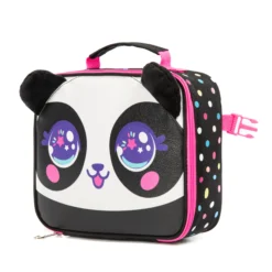 Slanted view of a matching panda lunch bag showing the pink zipper, side buckle, and black polka dot pattern. Versatile kids' cooler by a leading Backpack Supplier.