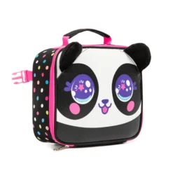 Side profile of a cute panda lunch bag showing its depth, pink zipper, and side buckle. High-density fabric bag by a Backpack OEM Supplier.