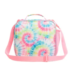 Front view of a pastel tie-dye lunch bag with a pink top handle and adjustable shoulder strap. Custom kids' lunch bag by a professional Backpack Manufacturer.