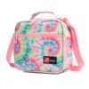 Slanted view of a pastel tie-dye lunch bag with a front zipper pocket and a red logo patch. Functional school cooler by a Backpack Supplier.