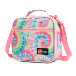 Slanted view of a pastel tie-dye lunch bag with a front zipper pocket and a red logo patch. Functional school cooler by a Backpack Supplier.