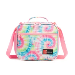 Front view of a pastel tie-dye lunch bag with dual zipper pulls and a large front pocket. Trendy insulated lunch box by a Custom Backpack Manufacturer.