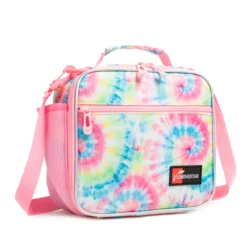 3D angled view of a pastel tie-dye lunch bag showing the zipper and side details. Versatile kids' cooler by a leading Backpack Supplier.