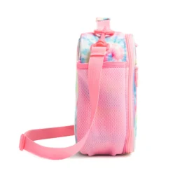 Side view of a pastel tie-dye lunch bag showing a pink mesh water bottle pocket and a strap swivel clip. Functional daily cooler by a Backpack Manufacturer.