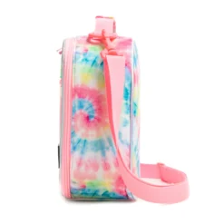 Side profile of a pastel tie-dye lunch bag showing its depth and adjustable shoulder strap. High-density fabric bag by a Backpack OEM Supplier.