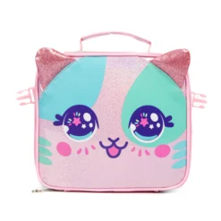 Front view of a matching cute unicorn-cat lunch bag featuring sparkly glitter ears and a large sparkling anime-style face. Matching insulated lunch box by a Backpack Supplier.