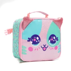 Slanted view of a matching unicorn-cat lunch bag showing the pink zipper, side buckle, and mint sprinkle pattern. Versatile kids' cooler by a leading Backpack Supplier.