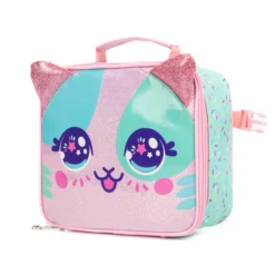 Side profile of a cute unicorn-cat lunch bag showing its depth, pink zipper, and side buckle. High-density fabric bag by a Backpack OEM Supplier.